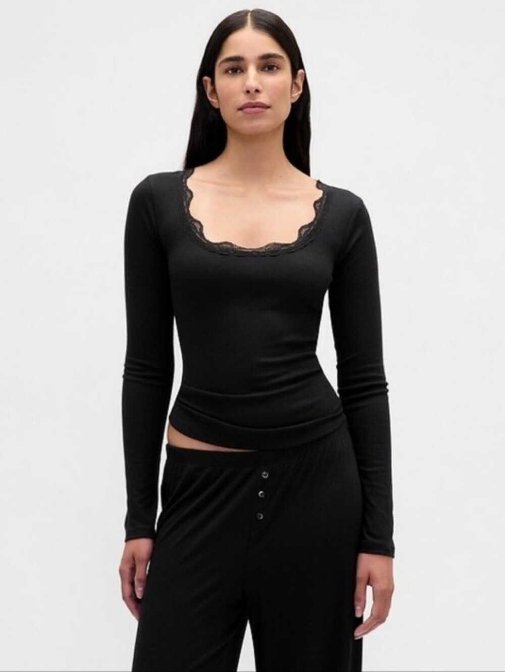 NWT GAP Black Mini Rib Lace-Trim Lounge Pj Long Sleeve Top